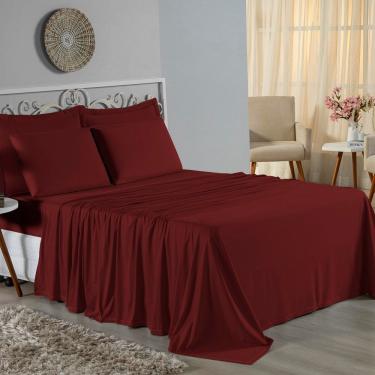 Imagem de Jogo De Cama Queen Nobre 4 Peças Lençol Com Elástico De 30cm De Altura Malha 100% Algodão - Vinho