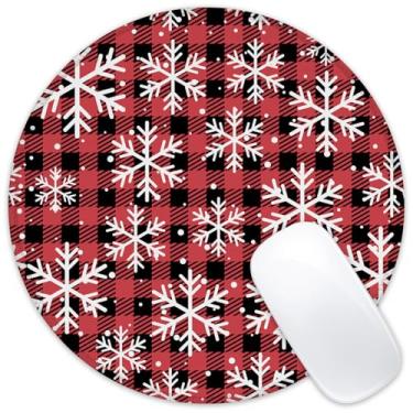 Imagem de Tapete de rato xadrez vermelho de Natal com flocos de neve redondo com base de borracha antiderrapante e borda costurada tapete de rato computador portátil mesa de escritório 20 x 20 cm