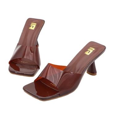 Imagem de EGEBS Sandálias femininas de salto alto com tira transparente e bico quadrado, sem cadarço, sexy, cor gelatina, confortável, bico aberto, salto alto, para festas de verão, formatura, encontros, slides