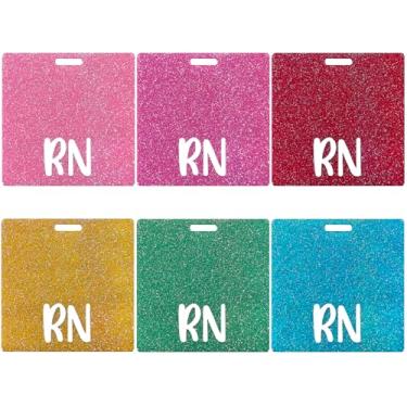 Imagem de Huakaile Pacote com 6 porta-cartões de acrílico RN, 8,38 cm, crachá de enfermeira colorido, etiqueta horizontal com glitter para identificação de identificação registrada, nome exibido, acessórios B