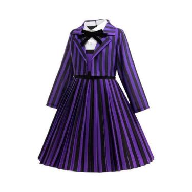 Imagem de Conjunto De Vestido De Princesa Com Casaco Listrado Roxo Para Meninas 