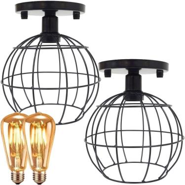 Imagem de 2 Lustres Teto Plafon + 2 Lâmpadas Led St64 Industrial Aramado Globo Retrô Vintage Preto