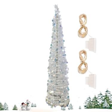 Imagem de Árvore de Natal falsa – Árvore de Natal falsa com glitter com luzes LED coloridas – Plantas artificiais realistas de 1,8 m para decoração de mesa de Halloween, , quarto, ambientes internos e