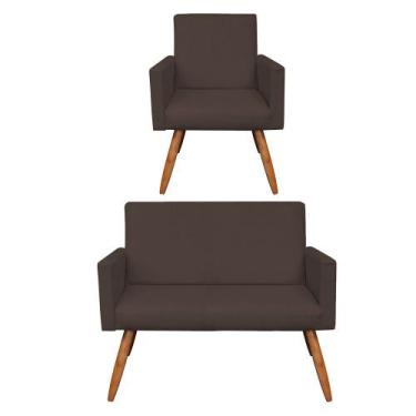 Imagem de Kit 01 Namoradeira com 01 Poltrona Larissa Suede Pés Palito Castanho D