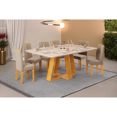 Imagem de Conjunto: Mesa Sala Jantar Celeste c/ Tampo Madeirado c/ Vidro Retangular 160x90cm e 6 Cadeiras Zoe Cedro/Off White - Suede Creme - DJ Móveis