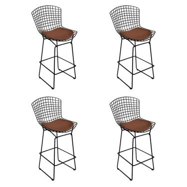 Imagem de Kit 4 Banquetas Alta Bistrô Bertoia Preta D60 Com Assento Marrom