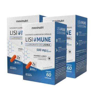 Imagem de Kit 3 Lisimune Cloridrato de Lisina + Zinco 60 Cápsulas Maxinutri