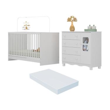 Imagem de Berço 3 Em 1 Com Colchão Incluso E Cômoda 1 Porta 4 Gavetas Luna Multimóveis MP4754 Branco