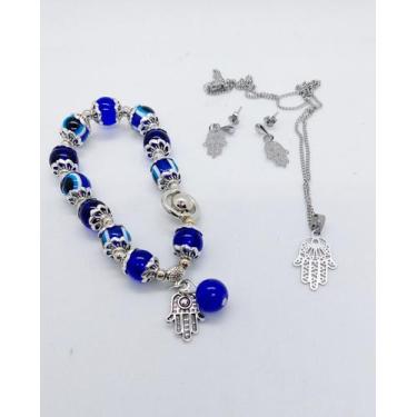 Imagem de Conjunto AÇO INOX Colar Brinco PULSEIRA Mão Fátima OLHOGREGO - ASA