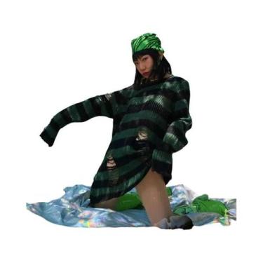 Imagem de Suéter Feminino Y2K Gótico Com Furos E Listras, Tricô De Manga Longa R