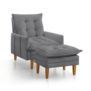 Imagem de Poltrona Reclinável Khali Com Puff Madeira Maciça Veludo Cinza Mobília Real
