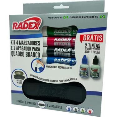Imagem de Kit 4 Marcadores Quadro Branco + Apagador + 2 Refil Tinta - Radex
