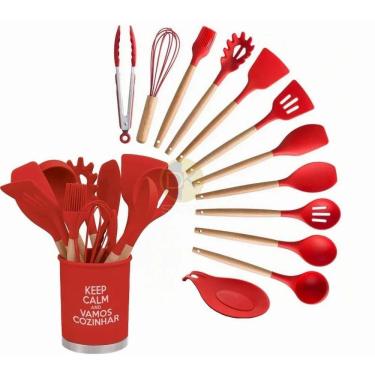 Imagem de Kit Utensilios Cozinha 13 Peças Silicone Cabo Mdf Vermelho