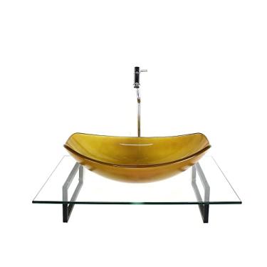 Imagem de KIT CUBA DE VIDRO OVAL CHANFRADA DOURADO REAL COM TAMPO 60CM INCOLOR E SUPORTE TORNEIRA VALVULA