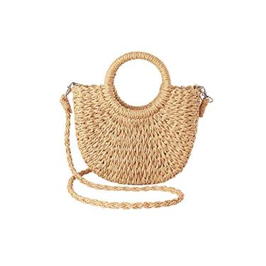 Imagem de JOLLQUE Bolsa feminina de palha para praia, bolsa de verão tecida à mão com borla, bolsa de mão de palha com alça superior, Caqui, Small