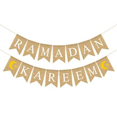 Imagem de Pacote com 2 faixas de aniagem Ramadan Kareem – Decorações Ramadan Kareem – Banner rústico Ramadan Kareem para lareira de Mantle – Artigos de decoração de festa do Ramadan