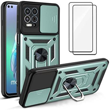 Imagem de Capa para Motorola Moto G100 Capinha | com 2 protetores de tela temperados, janela deslizante de proteção da câmera integrada e suporte para telefone - Verde