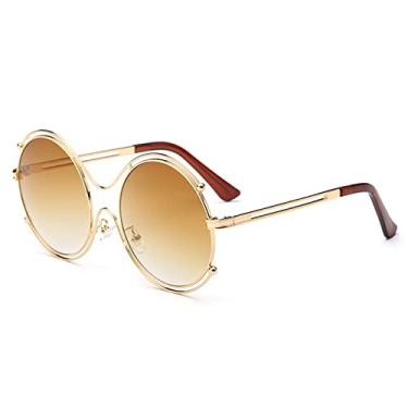 Imagem de Óculos de Sol Feminino Espelho Lente Redonda Shades Armação de Metal Óculos de Sol Feminino Estilo Verão Duplo Círculo,C07 Gold Double Tea,Embalagem A