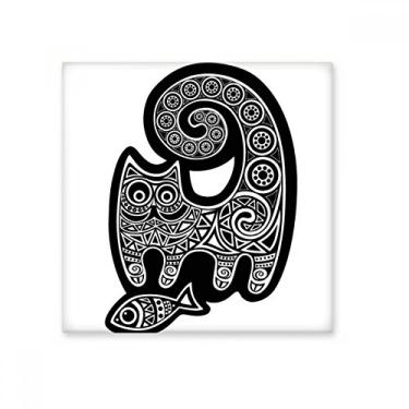 Imagem de Azulejo de cerâmica com padrão de peixe de gato branco preto brilhante decalque adorno de tijolos vitrificados