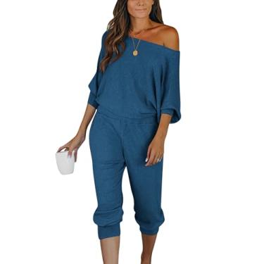 Imagem de PRETTYGARDEN Conjunto feminino de 2 peças com nervuras e ombros de fora, manga comprida, pulôver, calça lounge com bolsos, Lago azul, XX-Large