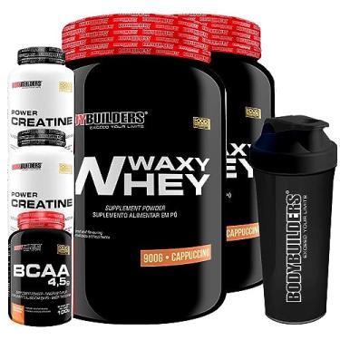 Imagem de Kit 2x Waxy Whey Protein 900g + 2x Power Creatina 100g + BCAA 4,5 100g + Coqueteleira - Bodybuilders (Cappuccino e Paçoca)