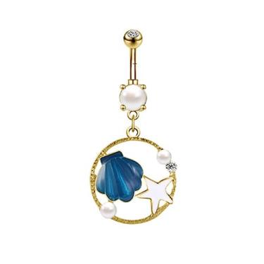 Imagem de Godtemrow 14G (1,6 mm) Anel de umbigo de 10 mm Aço Cirúrgico CZ Barbell Ocean Sea Shell Pérola Colorida Piercing de Barriga Joias Pingente de Diamante Retentor Corporal, Metal, Zircônia cúbica