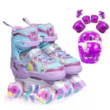 Imagem de Patins Infantil 4 Rodas, Patins Quad, Patins Infantil Menina, Ajustável em 4 Tamanhos, com Bolsa e Kit Proteção (Quad Roxo + Kit Proteção, P (28 ao 31))