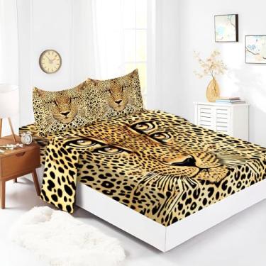 Imagem de Jogo de lençol solteiro com estampa de leopardo animal e leopardo, 4 peças, lençol de cima e fronha de microfibra escovada, macio e respirável, lençol com elástico alto, fácil de cuidar