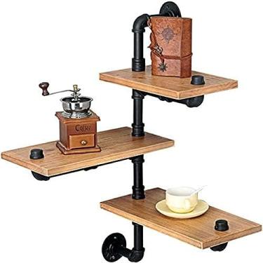 Imagem de Prateleira de canto Suporte de parede de prateleiras de canto de 3 camadas Prateleira flutuante de madeira rústica em formato de gato Suporte de canto de metal para quarto Sala de estar Banh