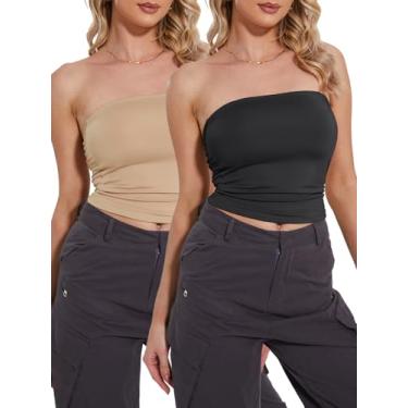 Imagem de BATHRINS Pacote com 2 camisetas femininas tubinhas sem alças, sexy, costas nuas, bandeau elástico, Preto e nude, G