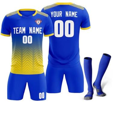 Imagem de Camiseta de futebol personalizada para homens, mulheres e crianças, camisetas e shorts de futebol personalizados com logotipo de número de nome, Azul e amarelo-48, One Size