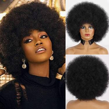 Imagem de Xinran Perucas afro curtas dos anos 70 para mulheres negras, peruca grande preta sintética curta afro dos anos 70, 20,32 cm 60, peruca afro para mulheres com aparência natural suave e elástica (preto)
