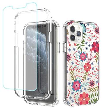 Imagem de sidande Capa para iPhone 11 Pro com protetor de tela de vidro temperado, capa protetora fina de TPU floral transparente para Apple iPhone 11 Pro 5.8 (estampas florais)