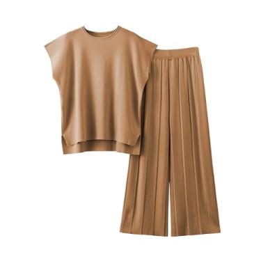 Imagem de Zaxqunty Conjunto de suéter feminino de 2 peças, colete de malha, calça de cintura elástica, Marrom, GG