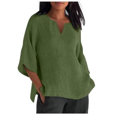 Imagem de Camisetas femininas de linho de verão 2024 com manga 3/4 de comprimento e caimento solto e gola V, Ofertas Relâmpago Verde Exército, M