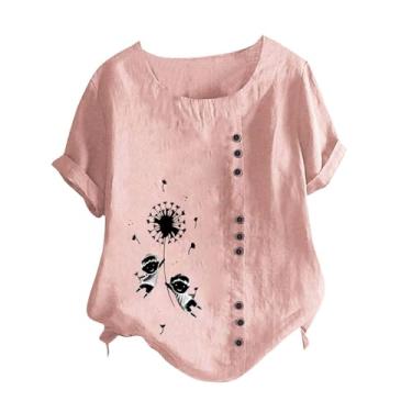 Imagem de Camisetas femininas casuais de verão de linho de algodão com gola redonda e manga curta, mistura de algodão, rosa, XXG