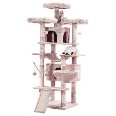 Imagem de Árvore para gatos Hey-brother, grande torre para gatos de 180 cm GG para gatos internos, casa de gatos de vários níveis com 3 poleiros acolchoados, arranhador grande, cesta aconchegante, 2 condomínios