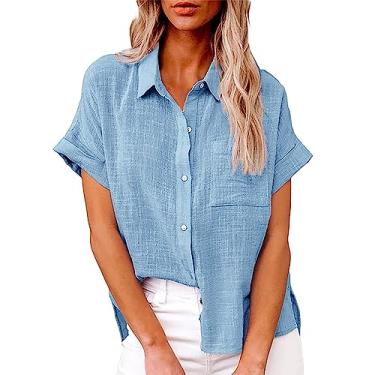 Imagem de Camisetas femininas de verão 2024 de manga curta com botões, blusa de linho de algodão, gola V, roupas femininas casuais, Azul 2 Ofertas Relâmpago, GG
