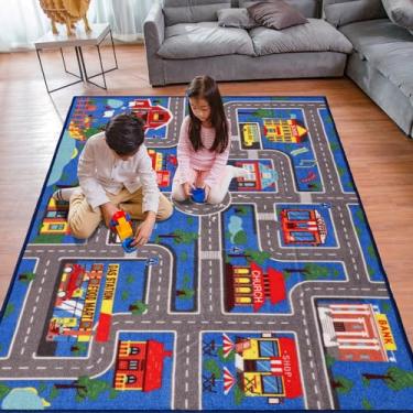 Imagem de Tapete infantil 150 cm x 100 cm, tapete de carro para carros infantis, mapa de estrada da cidade antiderrapante para sala de jogos, quarto, meninos, tapete de brinquedo para crianças (149 x 39,4