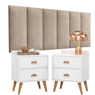 Imagem de Conjunto Para Quarto Cabeceira Rubi 1.60 Cama Queen com 2 Mesas de Cabeceira Madero New - Bege/Branco
