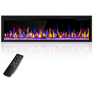 Imagem de Lareira Elétrica de Embutir A40x127L cm com Controle Remoto, 13 Cores de Chamas e 5 Brilhos, 110V 1500W, Alpaca, Preta