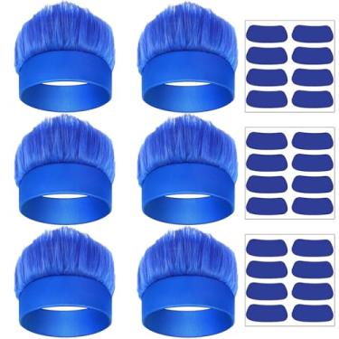 Imagem de 6 Pcs Hairy Costume Headband Crazy Trolls Flowy Hair Wig & Stickers, Halloween Spirit Day Themed Party Costume Accessory Sports Fans Cheering Headwear Supplies (Blue)