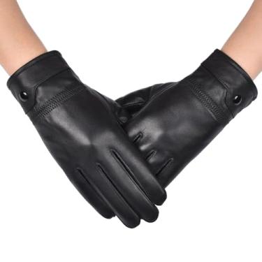 Imagem de Long Keeper Luvas masculinas de couro genuíno pretas com tela sensível ao toque, luvas de inverno forradas macias para dirigir e motocicleta, luvas quentes