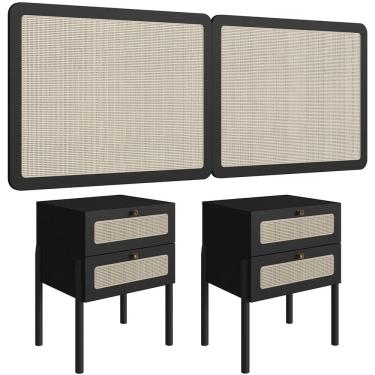 Imagem de Cabeceira Casal Queen 160cm e 2 Mesas Laterais 2 Gavetas Madeira Moss A03 Nero Preto- Lyam Decor