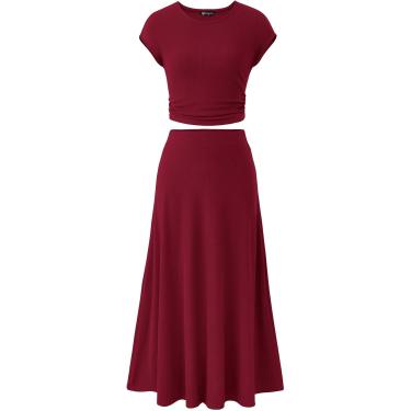 Imagem de Conjunto de saia feminina de duas peças casual malha canelada gola redonda manga curta cropped top cintura alta conjunto de saia midi, vinho tinto, L