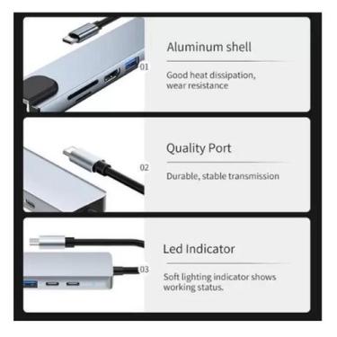 Imagem de Adaptador Hub USB Tipo C HDMI SD TF  8 em 1