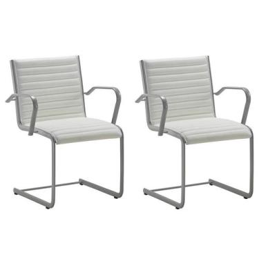 Imagem de Kit 2 Cadeiras Escritório Fixa Branca Com Braços Prata - Alezzi