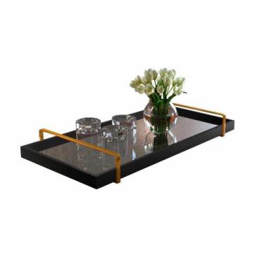 Imagem de Bandeja Espelhada Laqueada Preto com Alça Dourada - TNA Decor