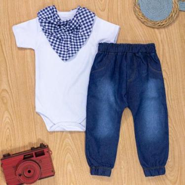 Imagem de Conjunto para Bebê Charmoso Body, Calça, Bandana Xadrez Azul - Era Uma