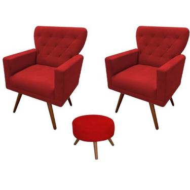 Imagem de Kit 2 Poltronas Decorativa Aurora + 1 Puff Redondo Suede Vermelho Pés 